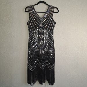 ZEAGOO Bead Dress Gatsby Party Evening Flapper Tassel Fringe Dress & Headband M